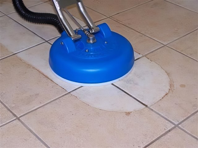 Tile and grout floor being deep cleaned